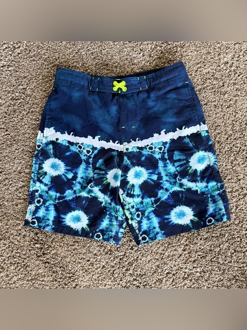 wonder nation Navy Blue Tie-Dye Swim Shorts with Aqua Accents Husky 10-12